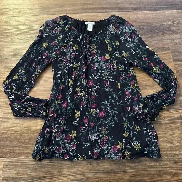 Sundance Acantha Floral Print Black Long Sleeve Blouse M Peasant Boho Cottage - Picture 1 of 6